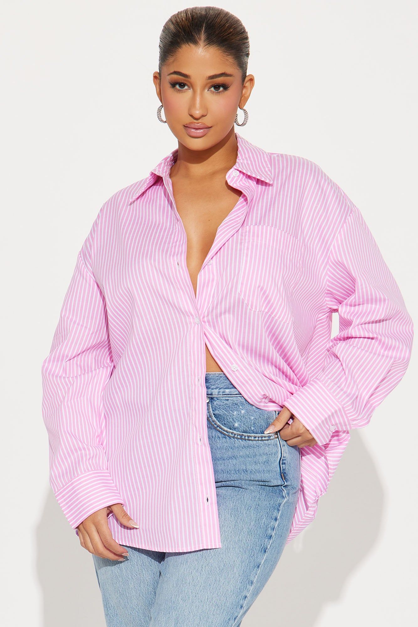 Business Casual Striped Shirt - Pink/combo sold by Fashion Nova
