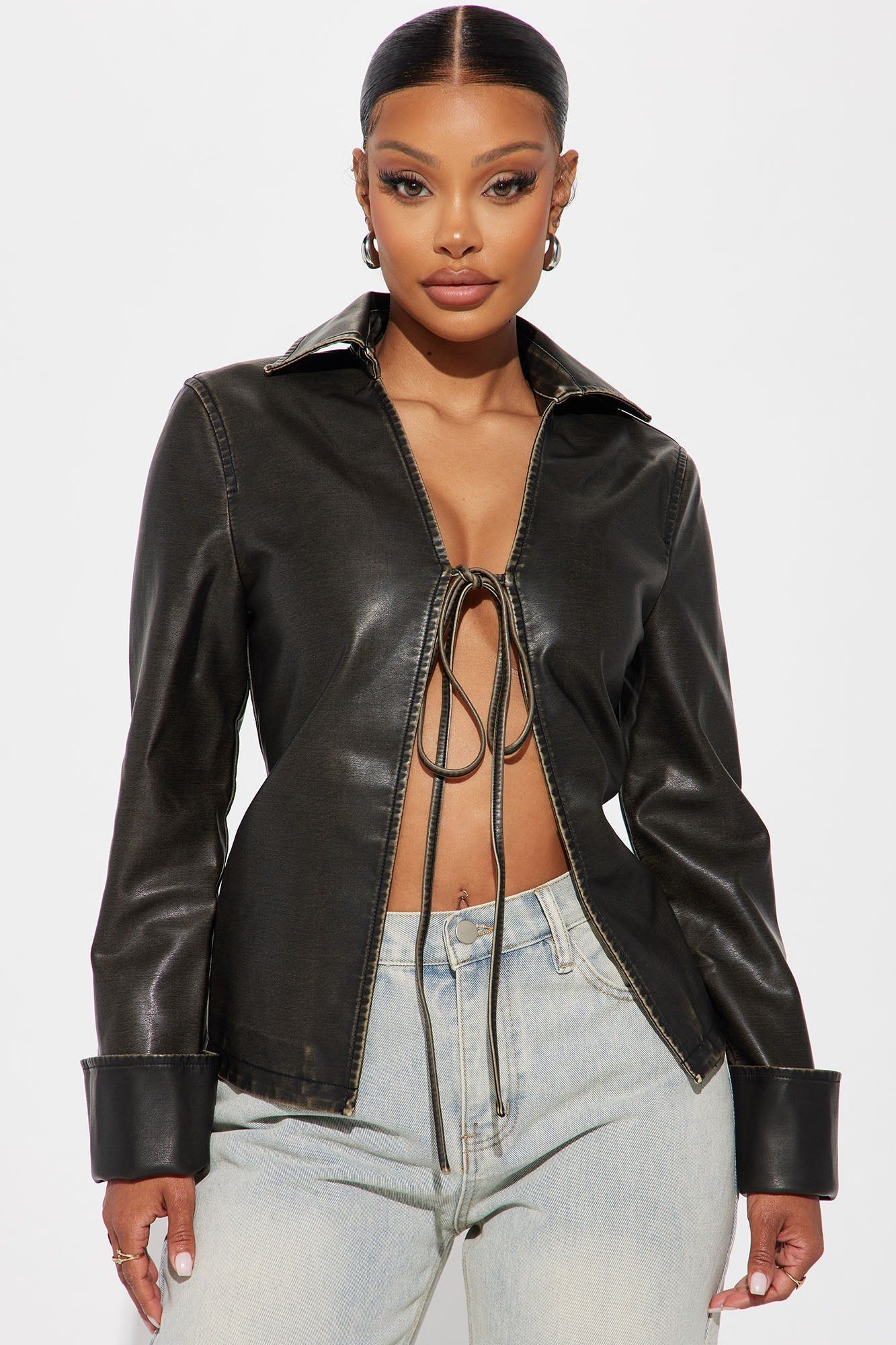 Out Of My Way Washed Faux Leather Shirt - Black sold by Fashion Nova