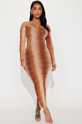 Body Moves Mesh Midi Dress - Brown/combo sold by Fashion Nova