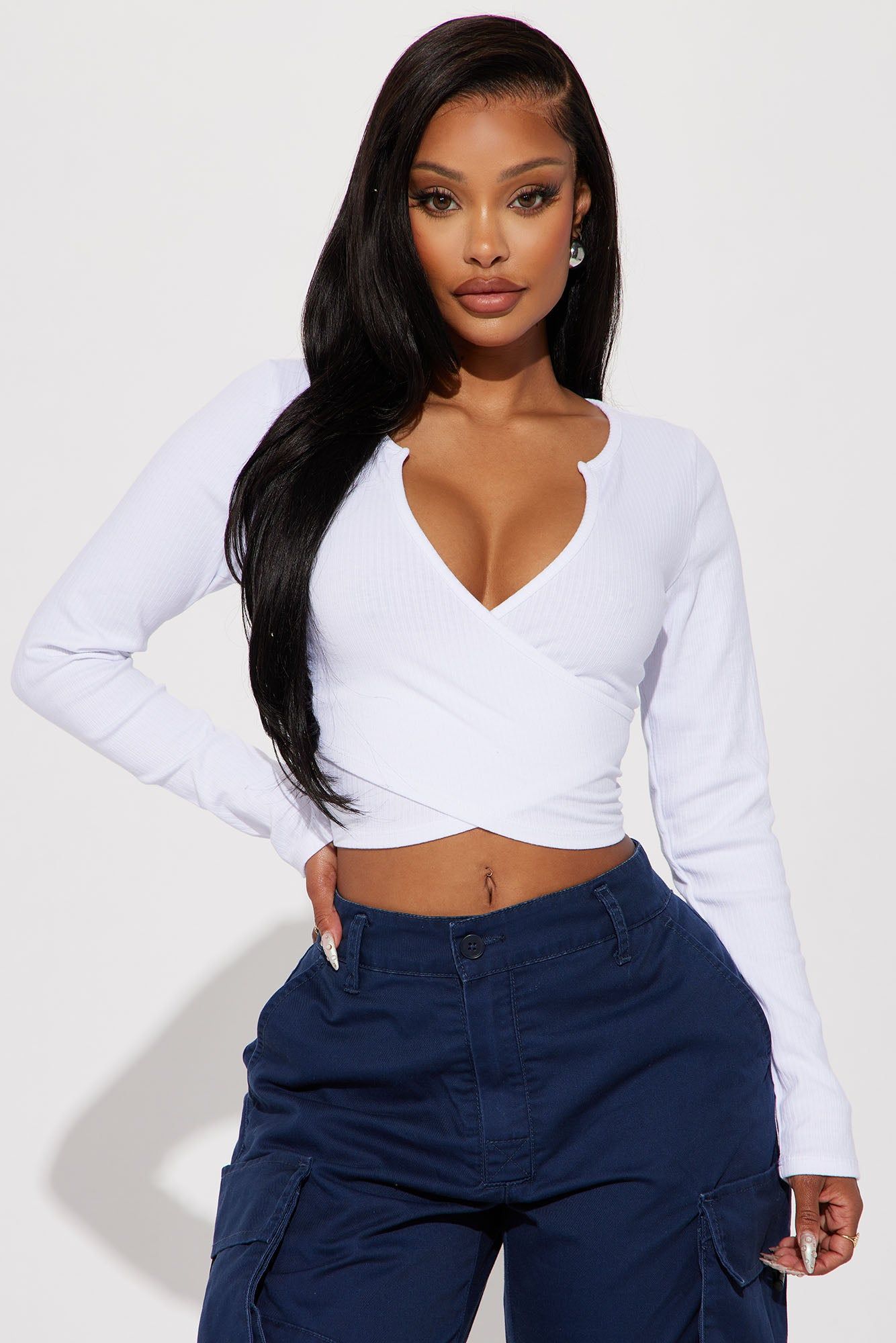 Katrina Long Sleeve Crop Top - White sold by Fashion Nova