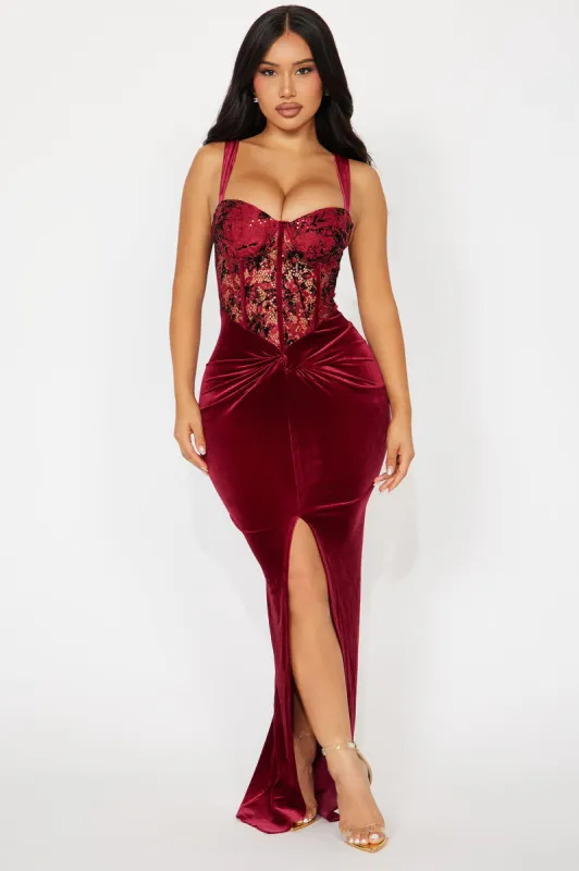 Claire Corset Maxi Dress - Burgundy sold by Fashion Nova
