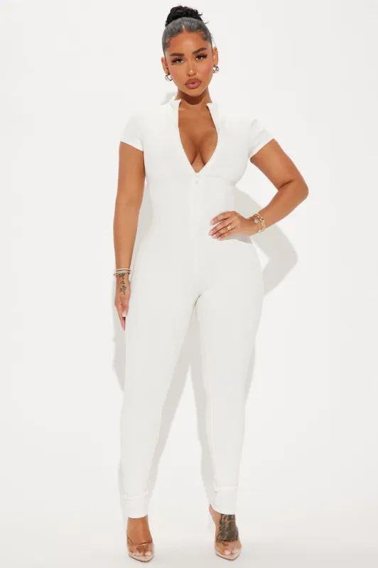 Anabel Short Sleeve Snatched Jumpsuit - Off White sold by Fashion Nova