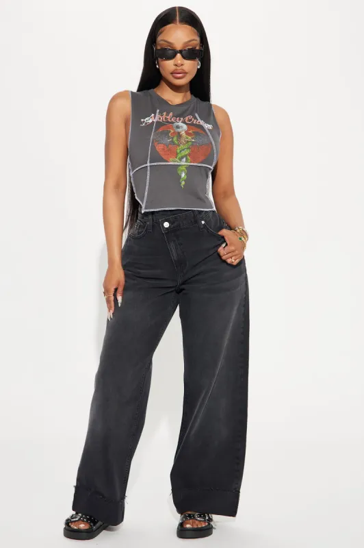 Getting Caught In It Crossover Cuffed Straight Leg Jeans - Black Wash sold by Fashion Nova