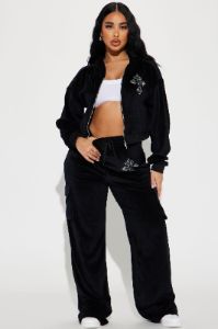 Saint Rhinestone Velour Pant Set - Black sold by Fashion Nova
