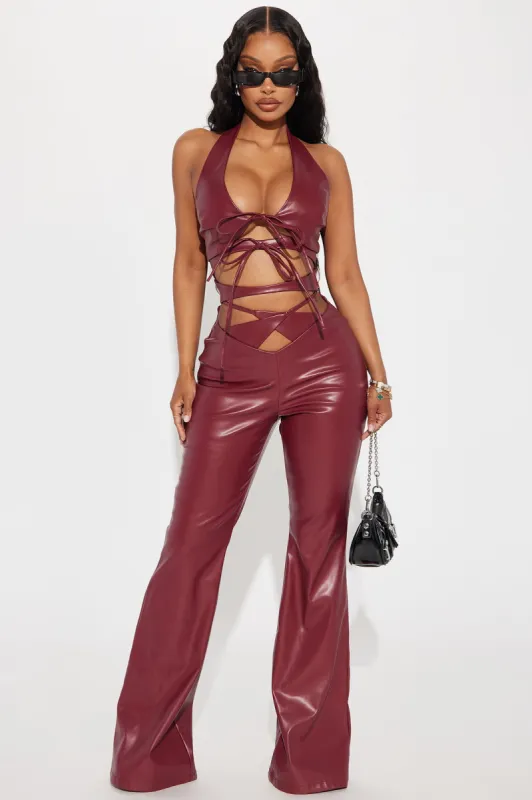 Super Down Faux Leather Jumpsuit - Burgundy sold by Fashion Nova