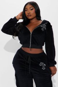 Saint Rhinestone Velour Pant Set - Black sold by Fashion Nova