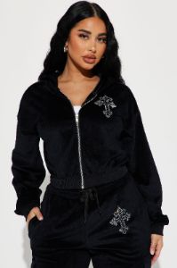 Saint Rhinestone Velour Pant Set - Black sold by Fashion Nova