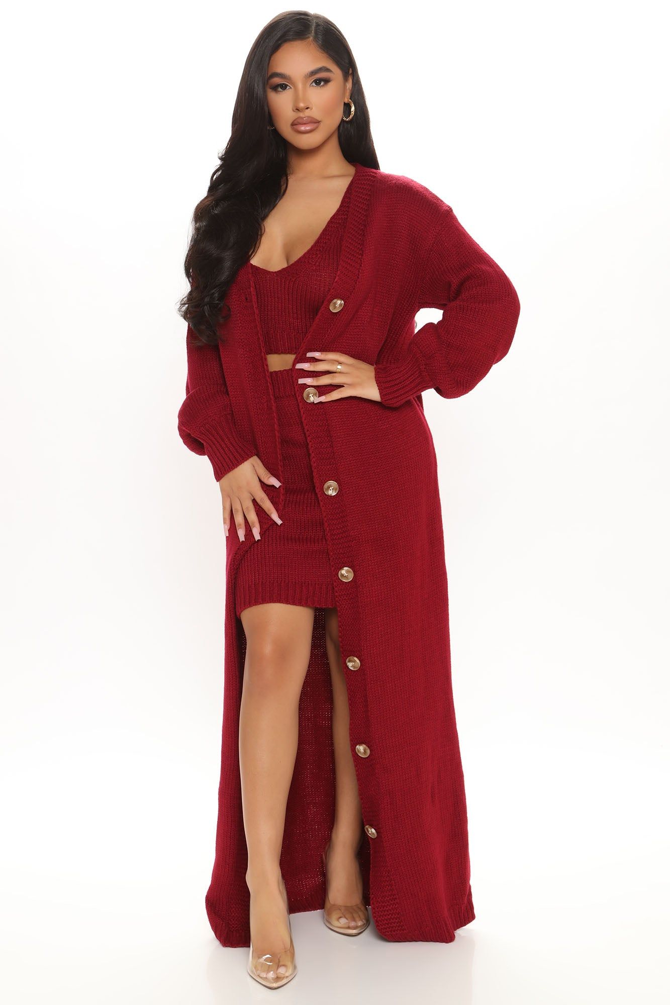 Tall She's A Baddie 3 Piece Sweater Skirt Set - Wine sold by Fashion Nova