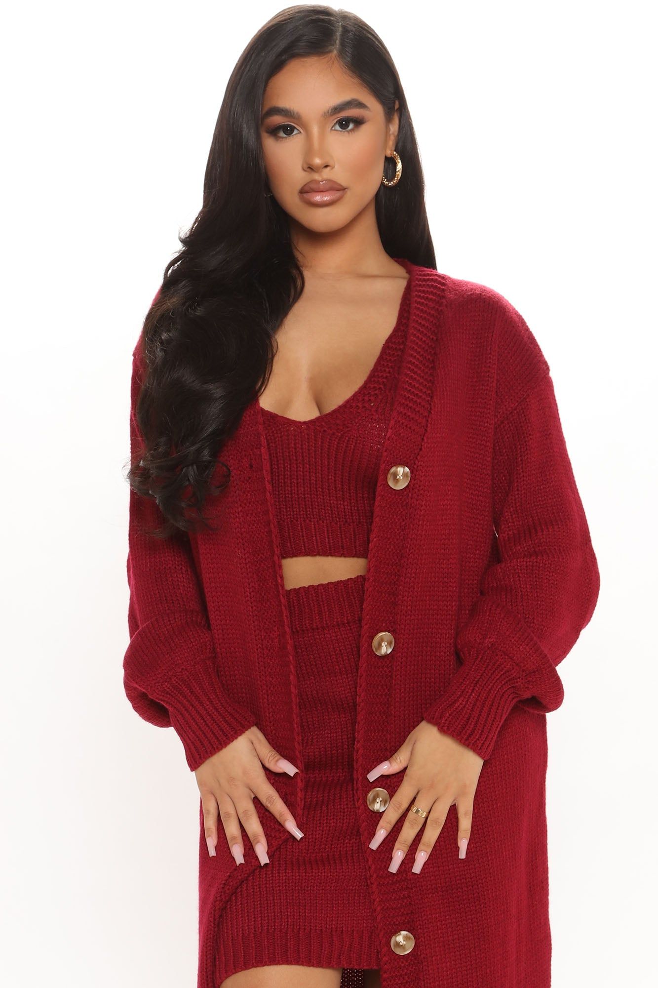 Tall She's A Baddie 3 Piece Sweater Skirt Set - Wine sold by Fashion Nova product image thumbnail 2