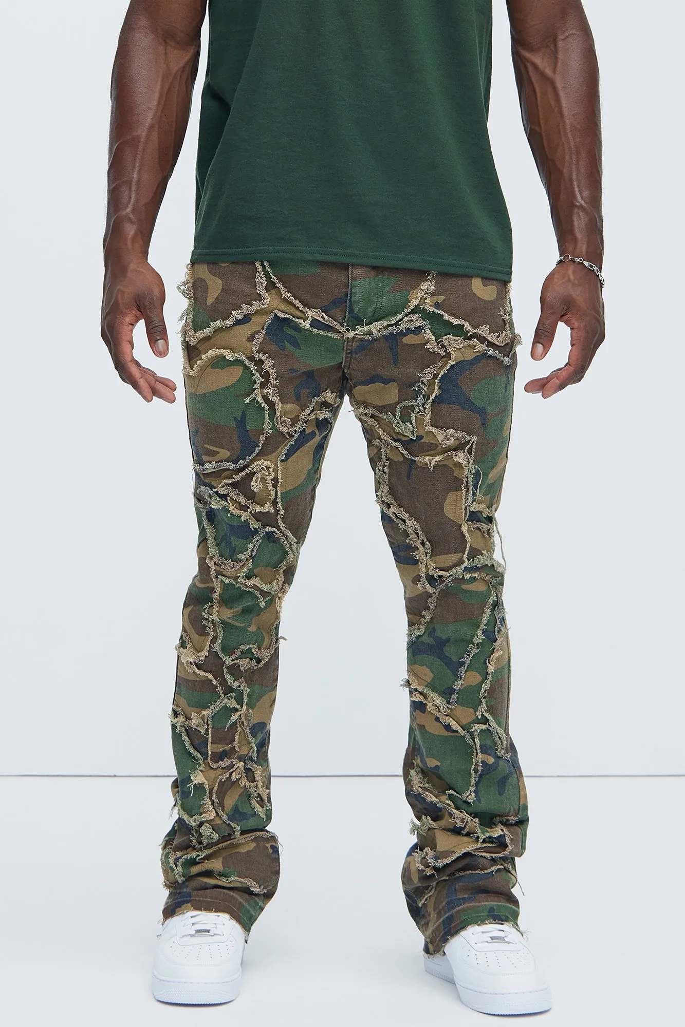 Fray All Ways Stacked Skinny Flare Pants - Camouflage sold by Fashion Nova