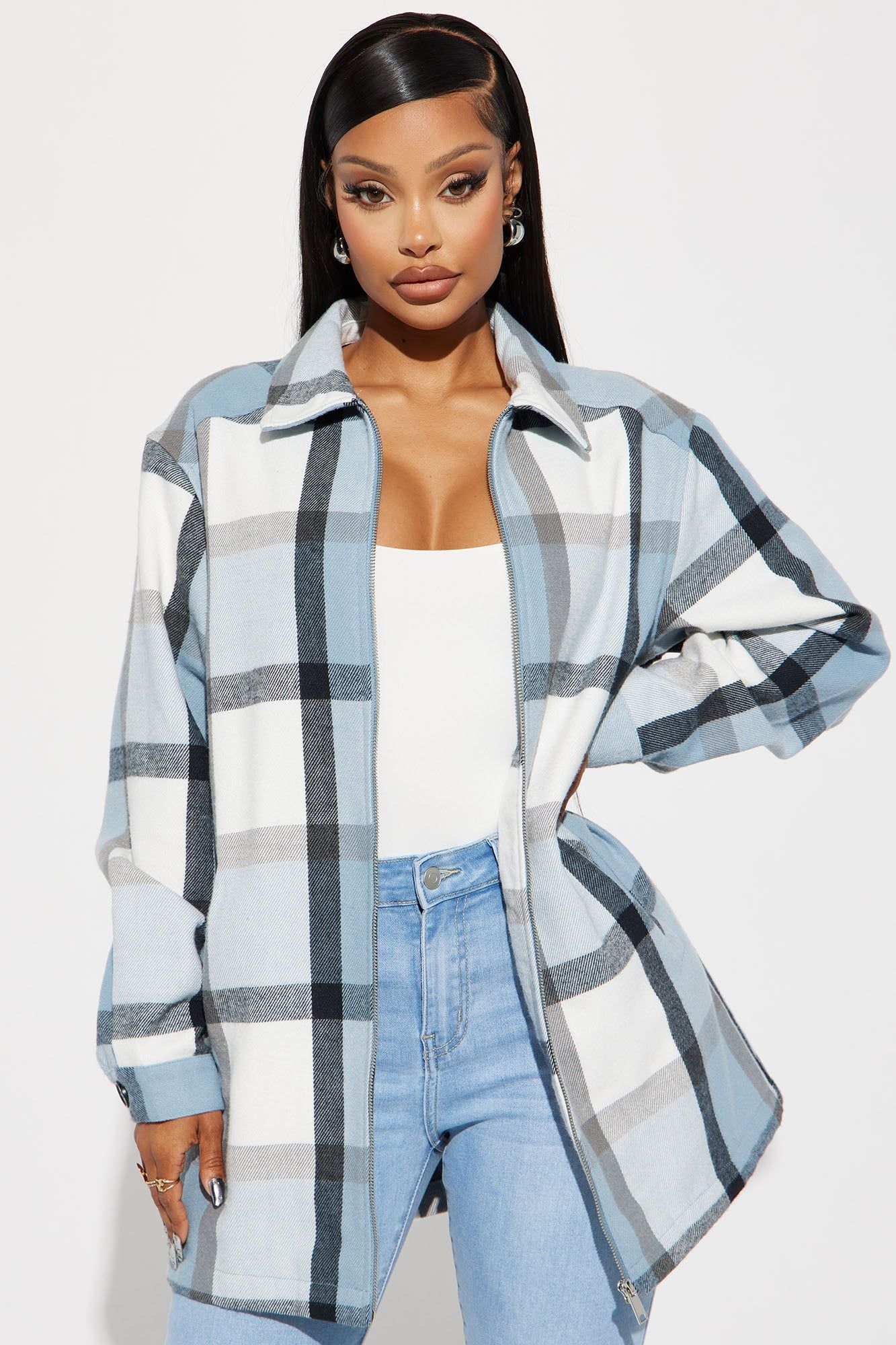 Check Mate Plaid Shacket - Blue/combo sold by Fashion Nova