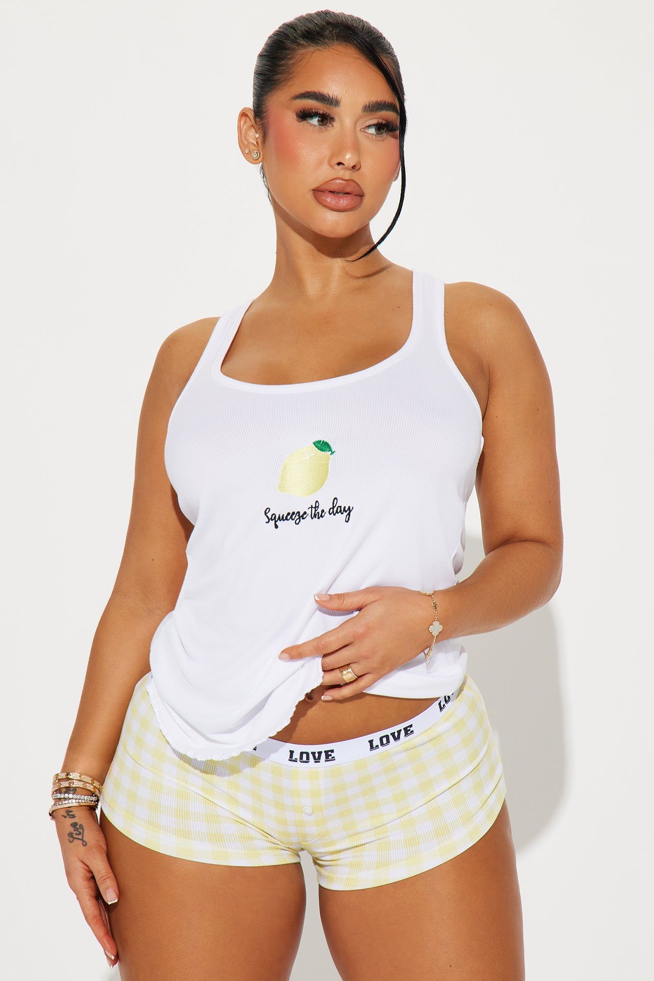 Squueze The Day PJ Boyshort Set - Yellow/combo sold by Fashion Nova