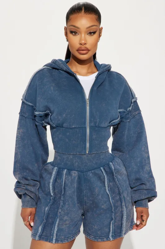 Kamaya Washed Cropped Fleece Hoodie - Slate Blue sold by Fashion Nova