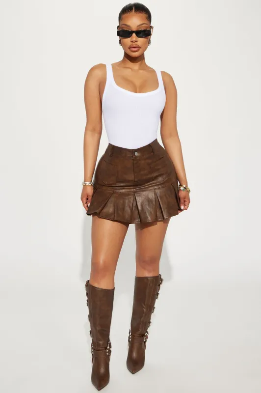 Ryla Washed Faux Leather Mini Skirt - Brown sold by Fashion Nova