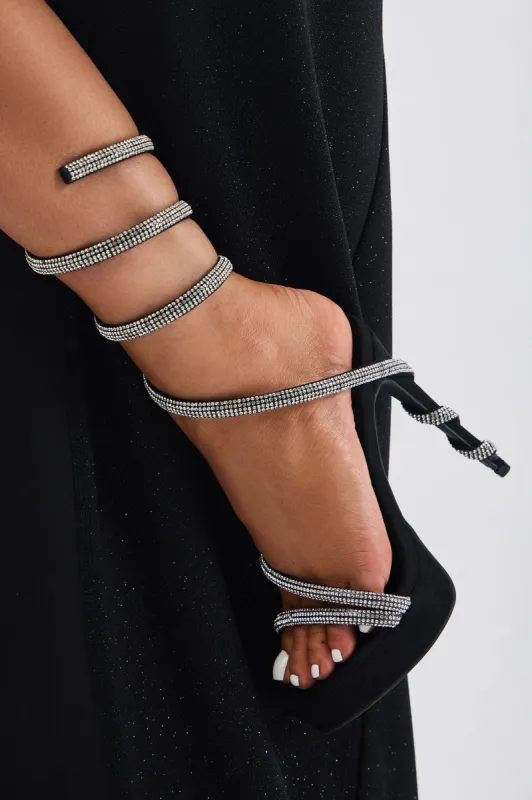 Chasing Me Embellished Wrap Up Heels - Black/Silver sold by Fashion Nova