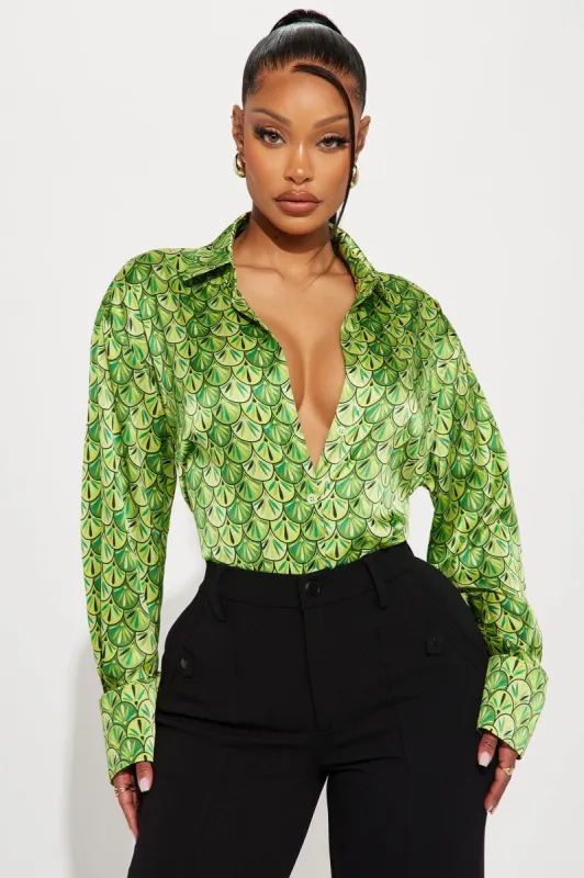 Money Tree Satin Shirt - Green/combo sold by Fashion Nova