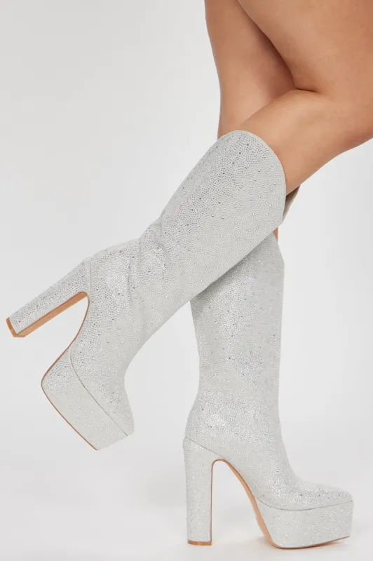 Flashy And Classy Knee High Heeled Boots - Silver sold by Fashion Nova