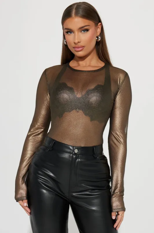 Sneak Peak Metallic Mesh Top - Black/Gold sold by Fashion Nova