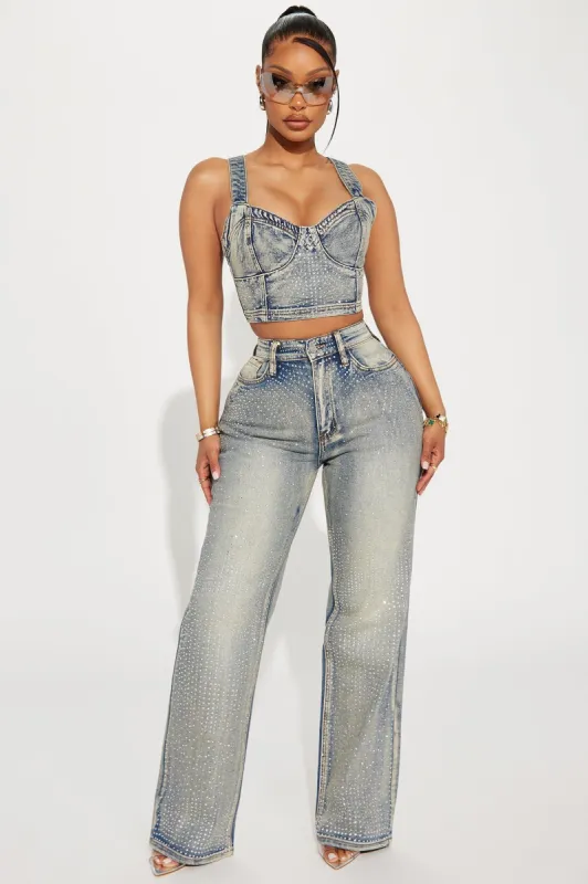 Chasing A Dream Embellished Stretch Straight Leg Jeans - Vintage Wash sold by Fashion Nova