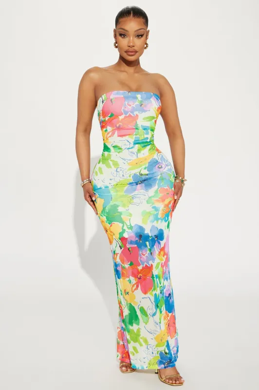 Sabine Mesh Maxi Dress - Ivory/combo sold by Fashion Nova