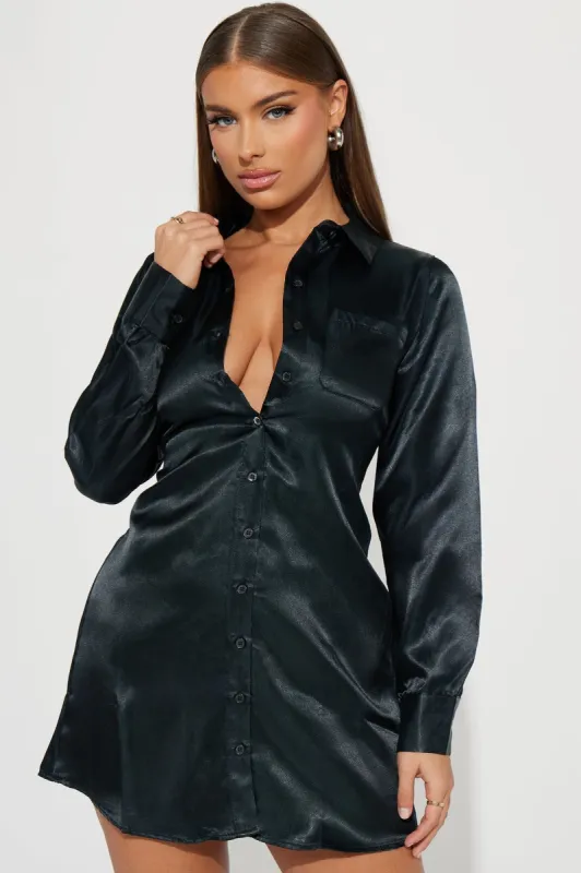 Gillian Satin Shirt Mini Dress - Black sold by Fashion Nova