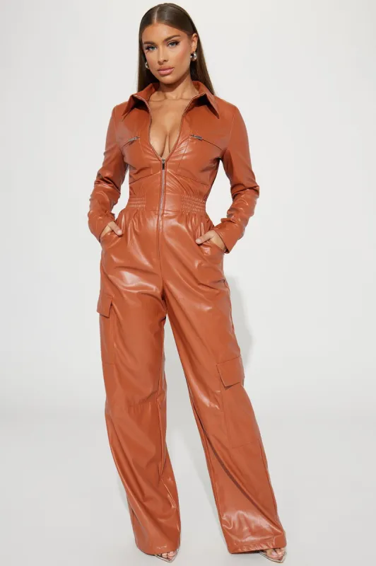 Take Command Faux Leather Jumpsuit - Cognac sold by Fashion Nova