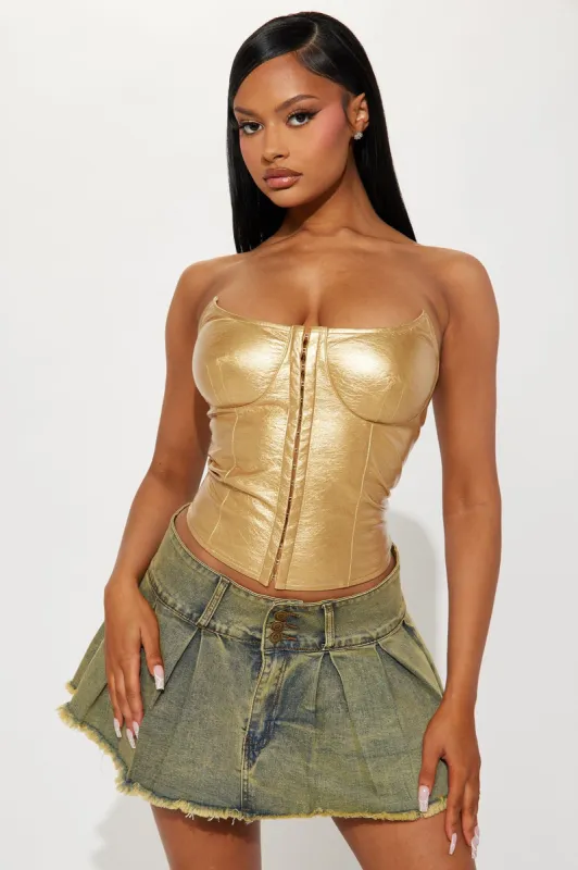Never Too Extra Metallic Corset Top - Gold sold by Fashion Nova