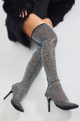 Under The Disco Ball Over The Knee Heeled Boots - Black sold by Fashion Nova