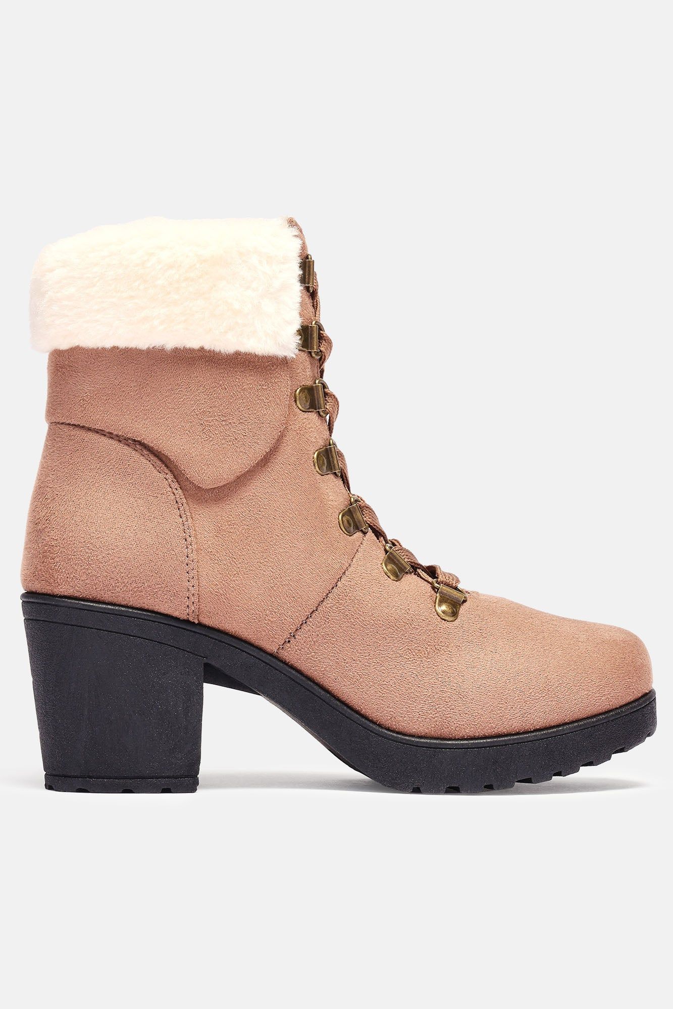 Mini Microsuede Faux Fur Cuff Heeled Boots - Taupe sold by Fashion Nova product image thumbnail 2