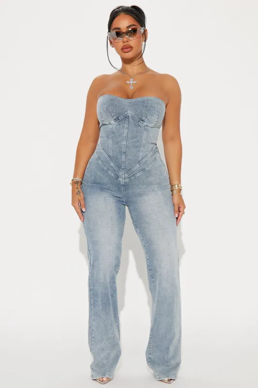 Tell You Later Denim Jumpsuit - Light Wash sold by Fashion Nova
