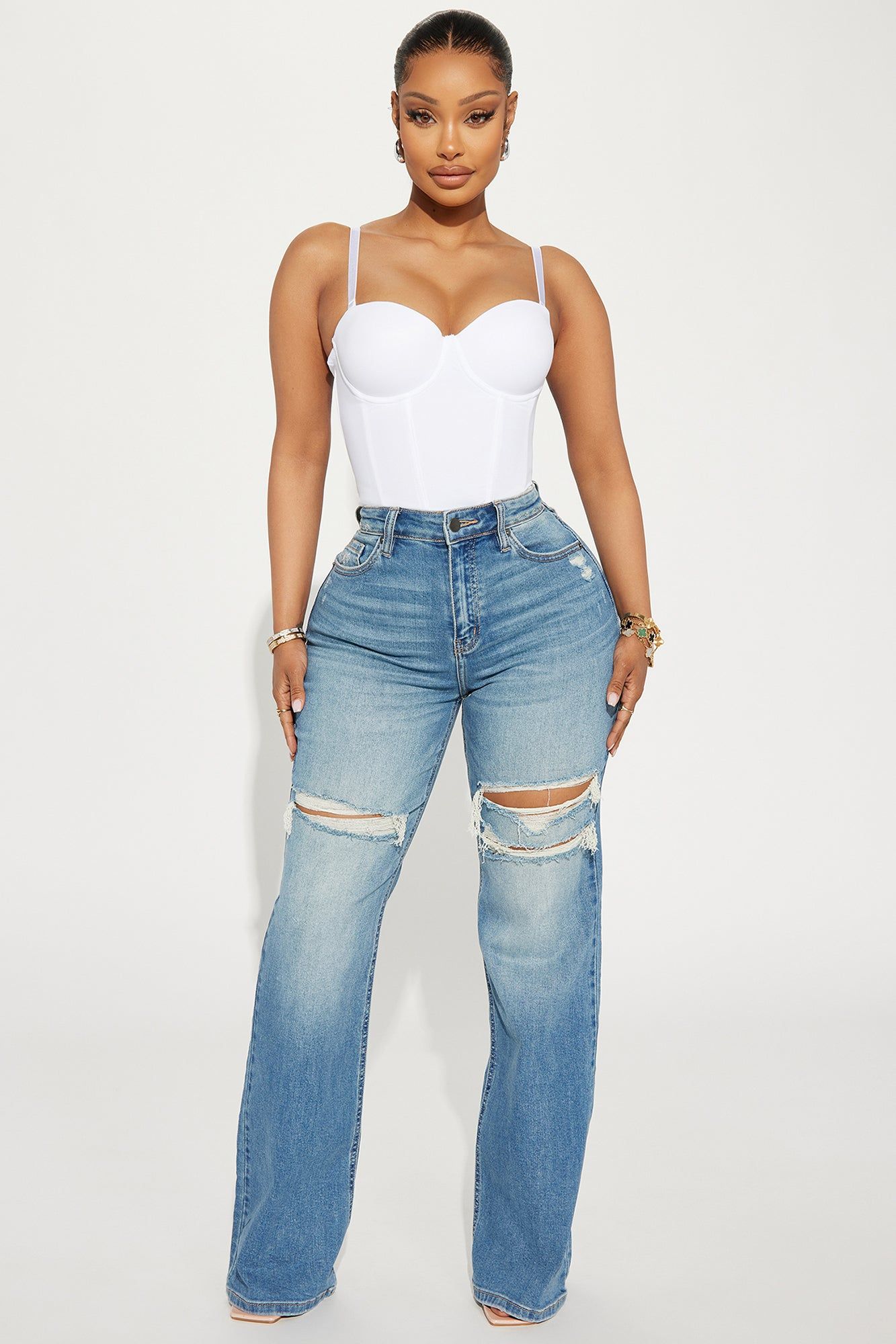 Remi Ripped Stretch Baggy Jeans - Medium Wash sold by Fashion Nova