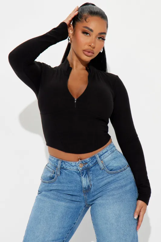 Heather Zip Down Top - Black sold by Fashion Nova