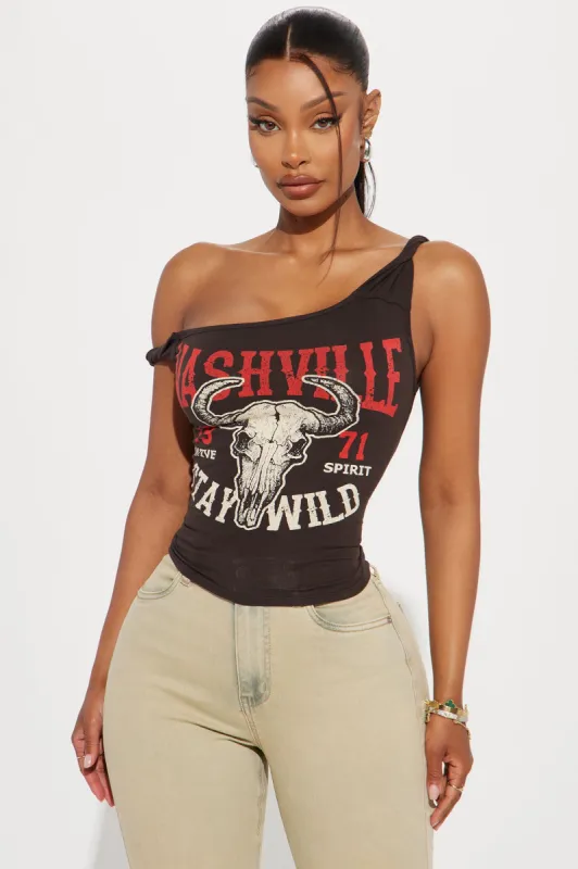 Nashville Stay Wild One Shoulder Top - Chocolate sold by Fashion Nova