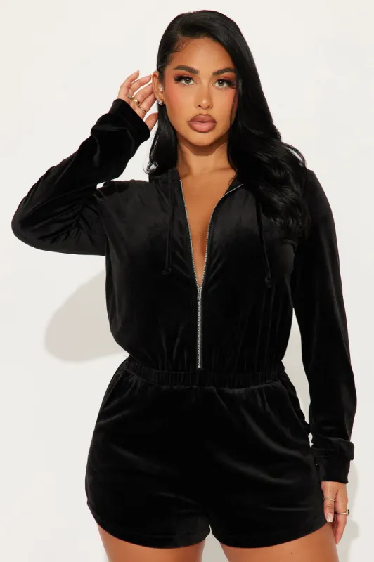OG Friend Soft Velour Romper - Black sold by Fashion Nova