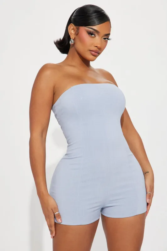 Worth My Time Romper - Light Blue sold by Fashion Nova