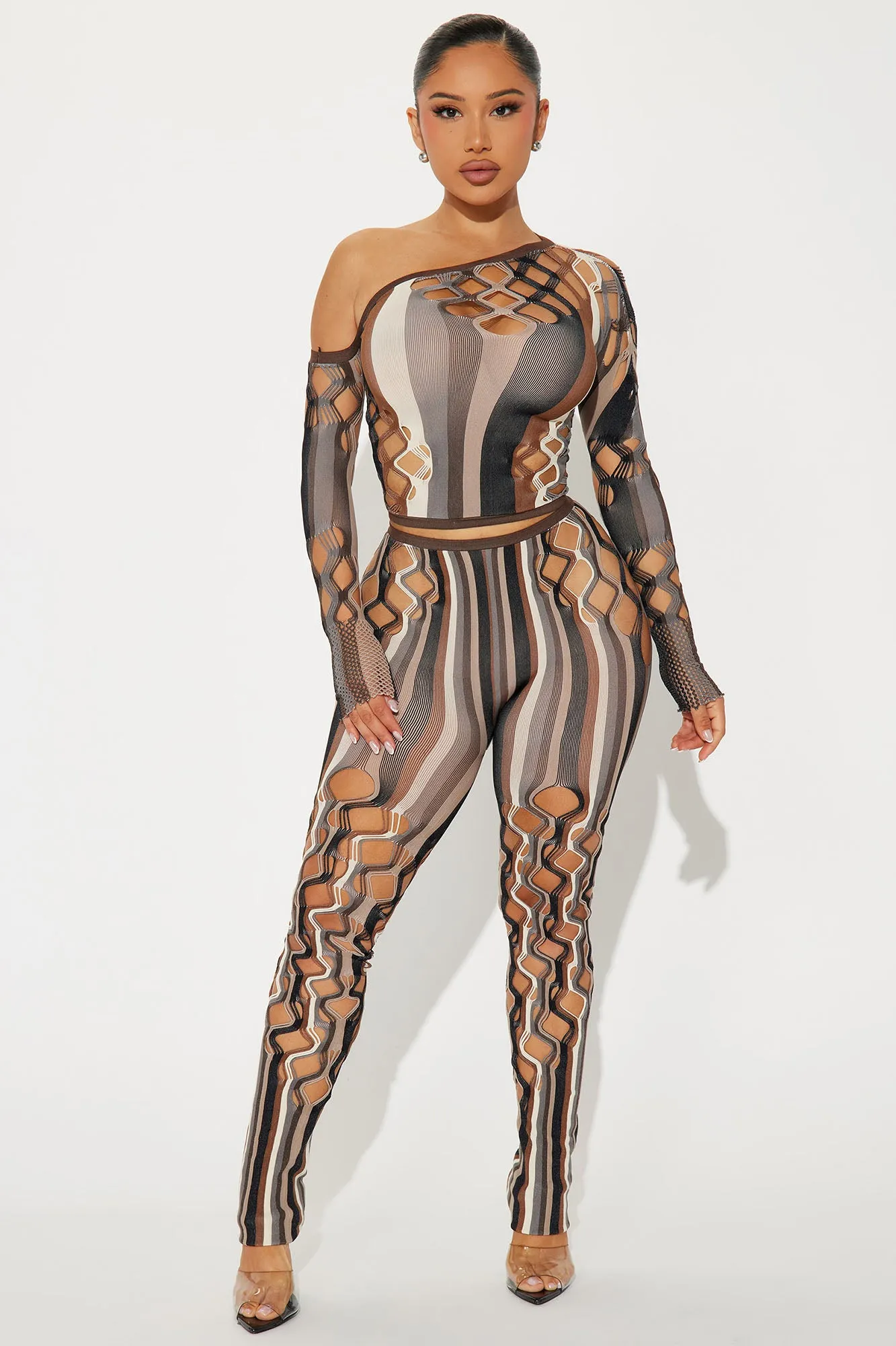 Ready For The Night Pant Set - Brown/combo sold by Fashion Nova