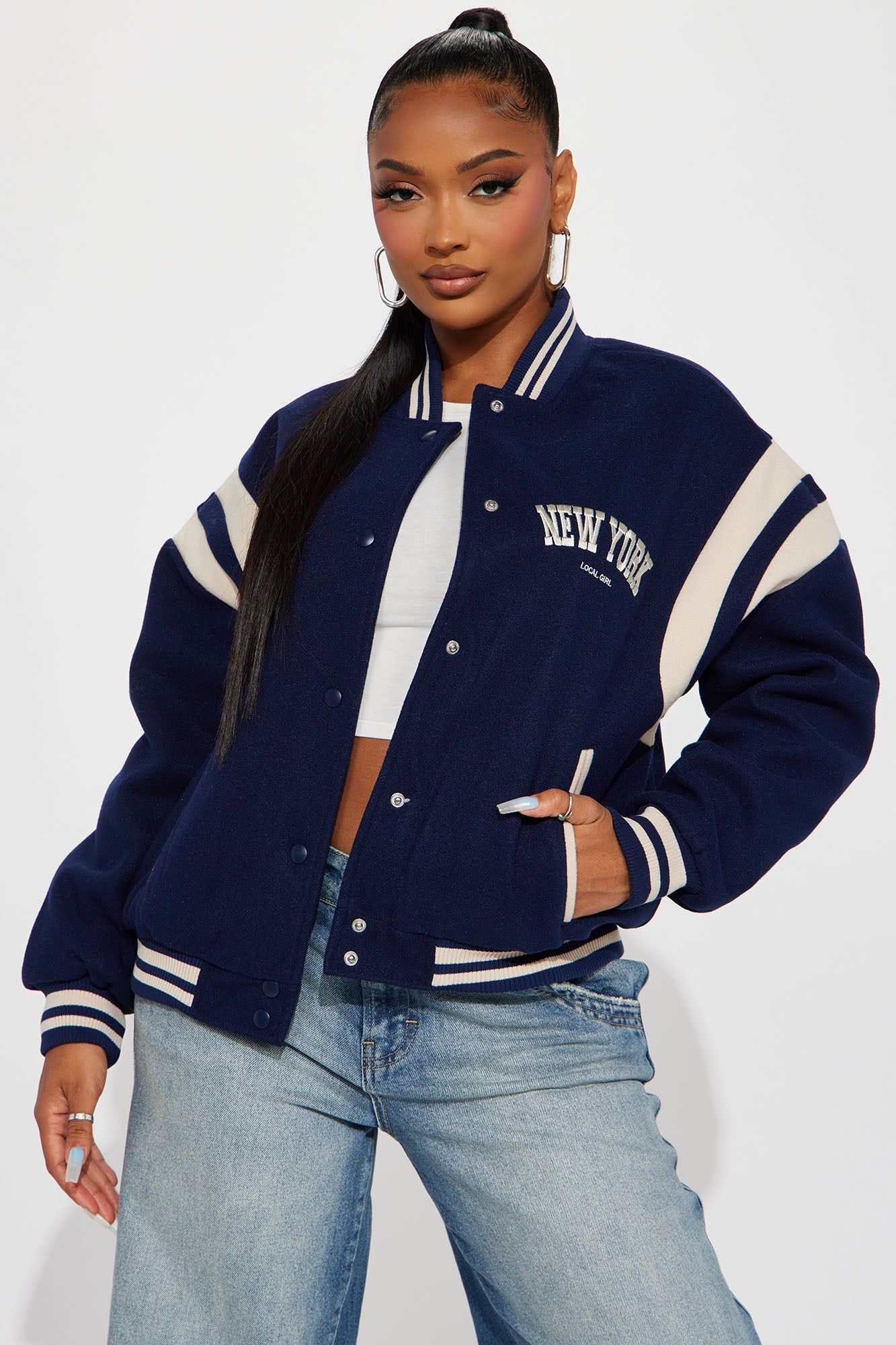 Manhattan Babe Varsity Jacket - Navy sold by Fashion Nova