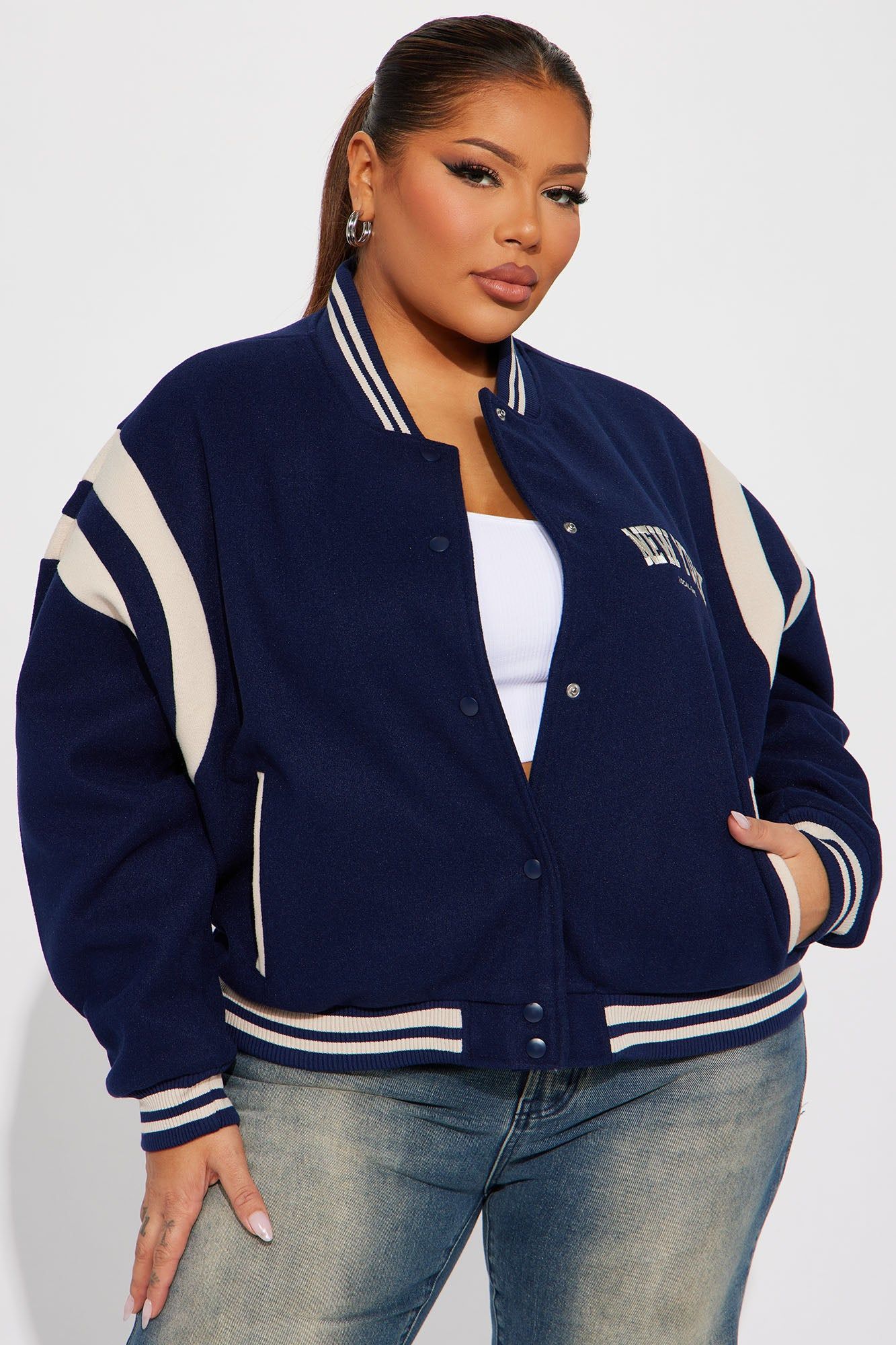 Manhattan Babe Varsity Jacket - Navy sold by Fashion Nova product image thumbnail 5
