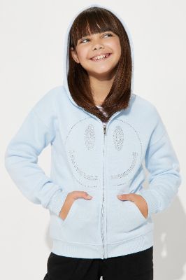 Mini Smiley Face Zip Front Hoodie w/Rhinestones - Blue sold by Fashion Nova