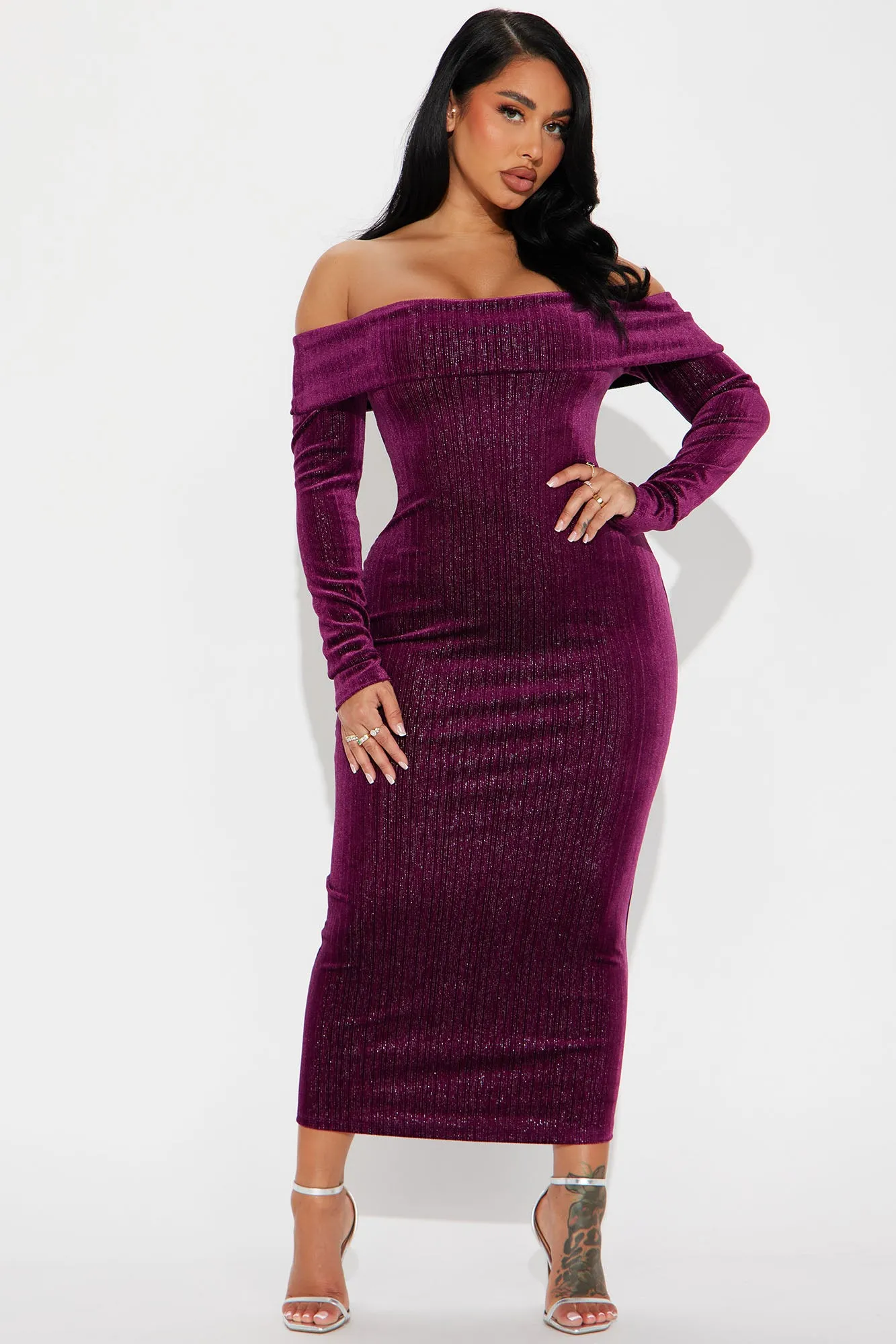 All That Shimmer Velvet Maxi Dress - Burgundy sold by Fashion Nova