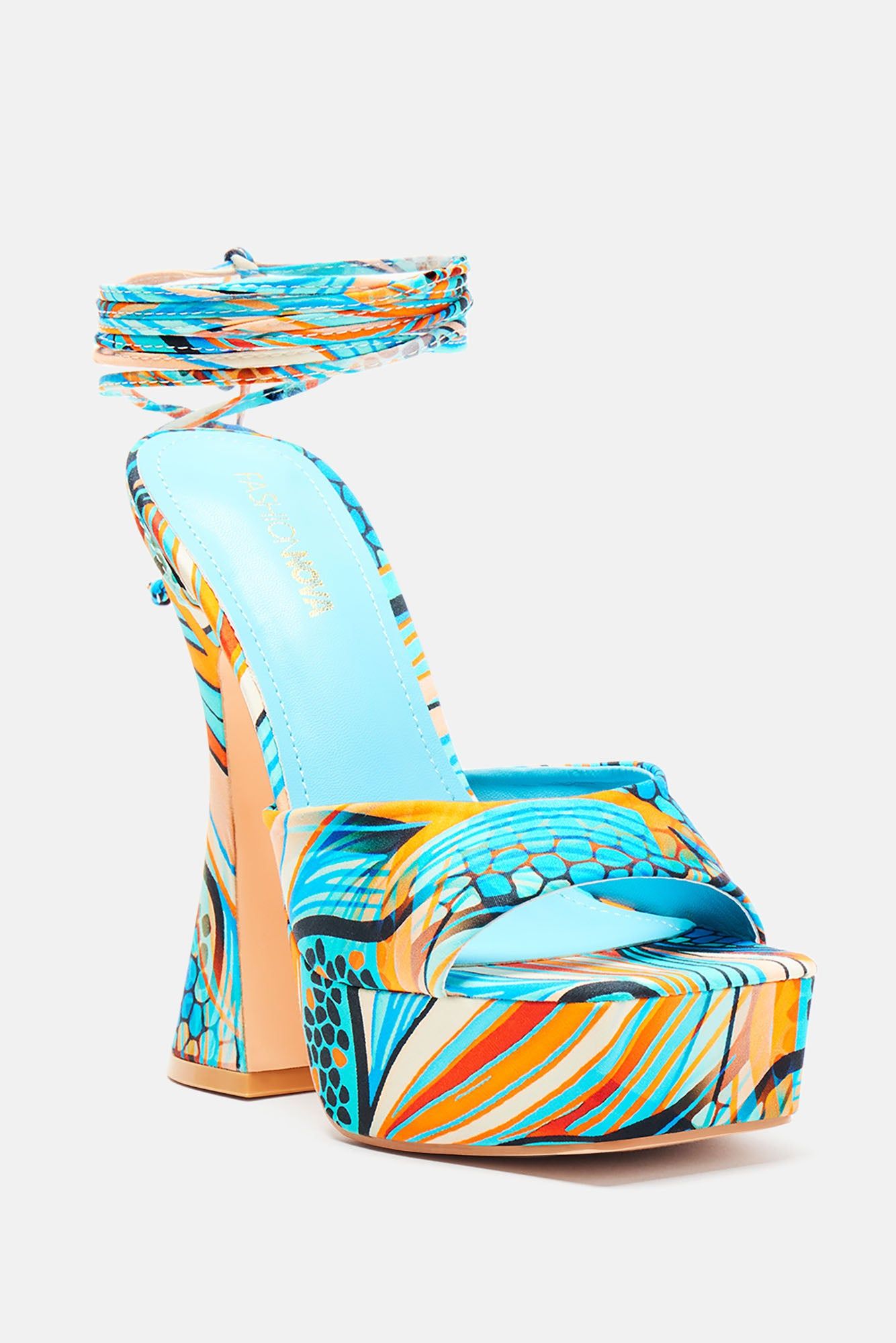 Paradise Awaits Wrap Up Heels - Blue/combo sold by Fashion Nova