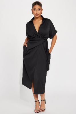 Lucy Midi Wrap Dress - Black sold by Fashion Nova