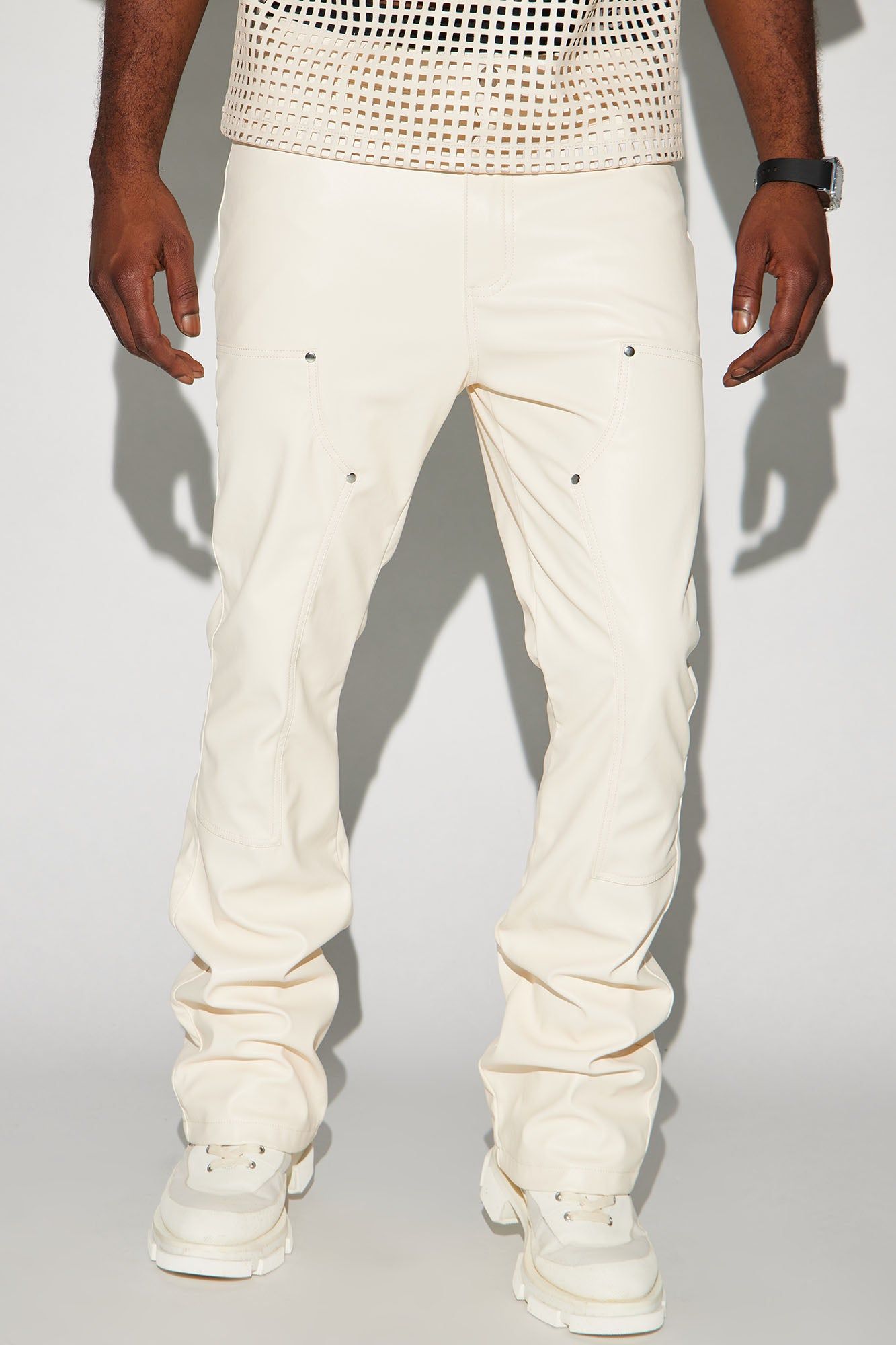 Elliot Stacked Slim Flared PU Pants - Cream sold by Fashion Nova