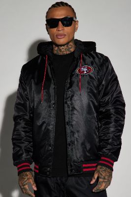 49ers Hooded Bomber Jacket - Black sold by Fashion Nova