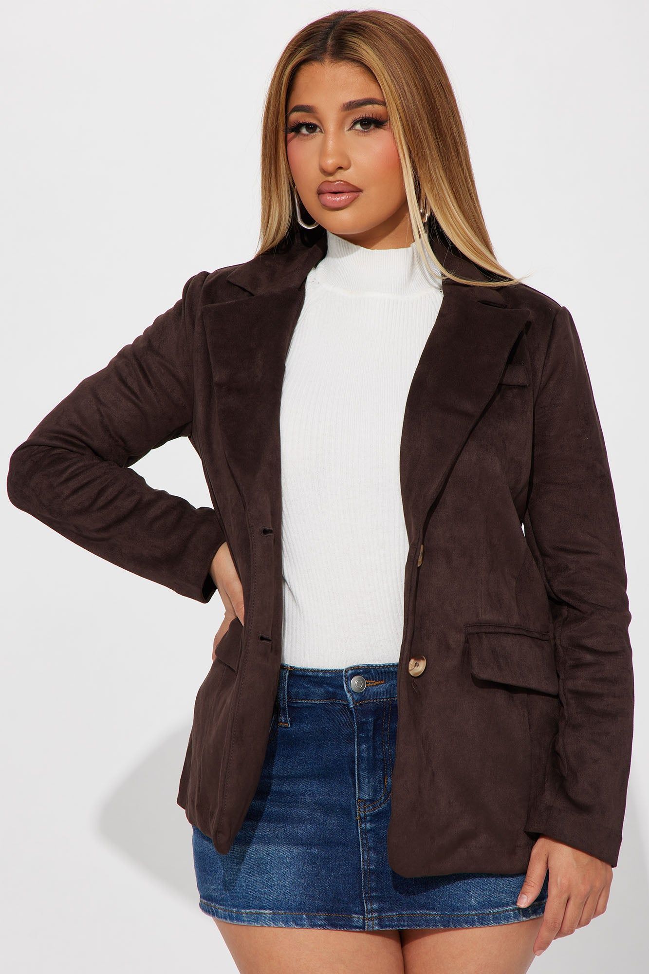 Western Outings Faux Suede Blazer - Chocolate sold by Fashion Nova