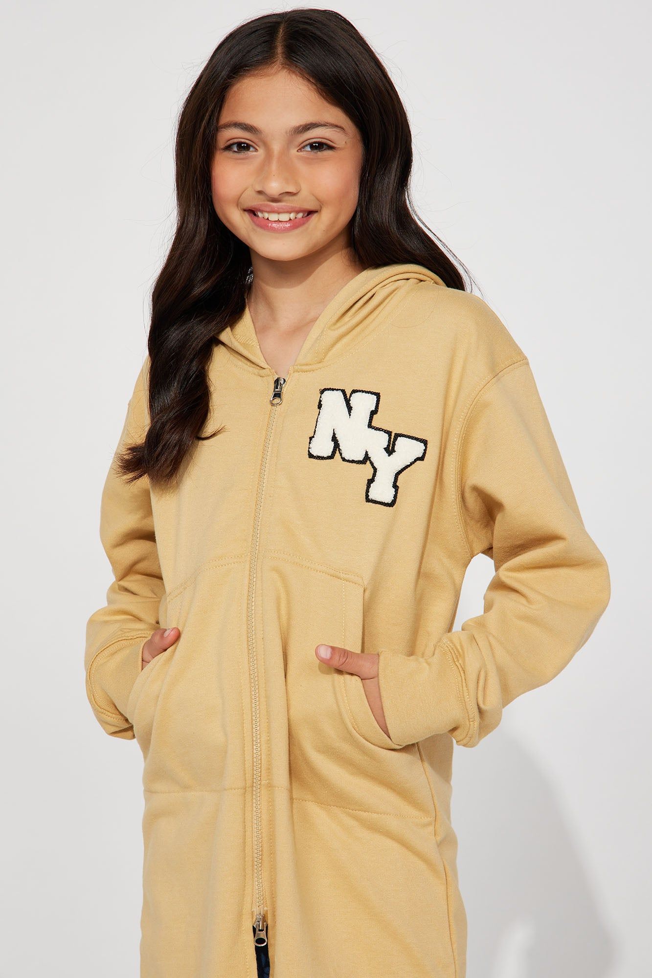 Mini NY Patch Fleece Hoodie - Khaki sold by Fashion Nova product image thumbnail 3