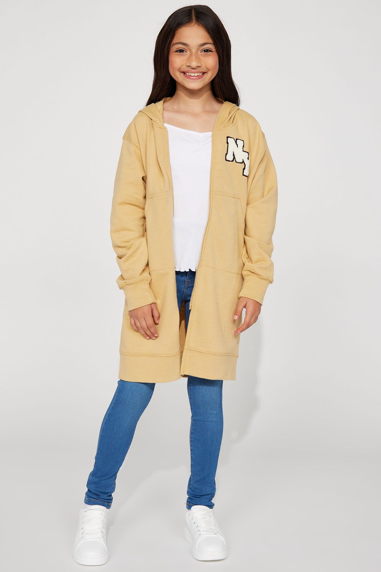 Mini NY Patch Fleece Hoodie - Khaki sold by Fashion Nova