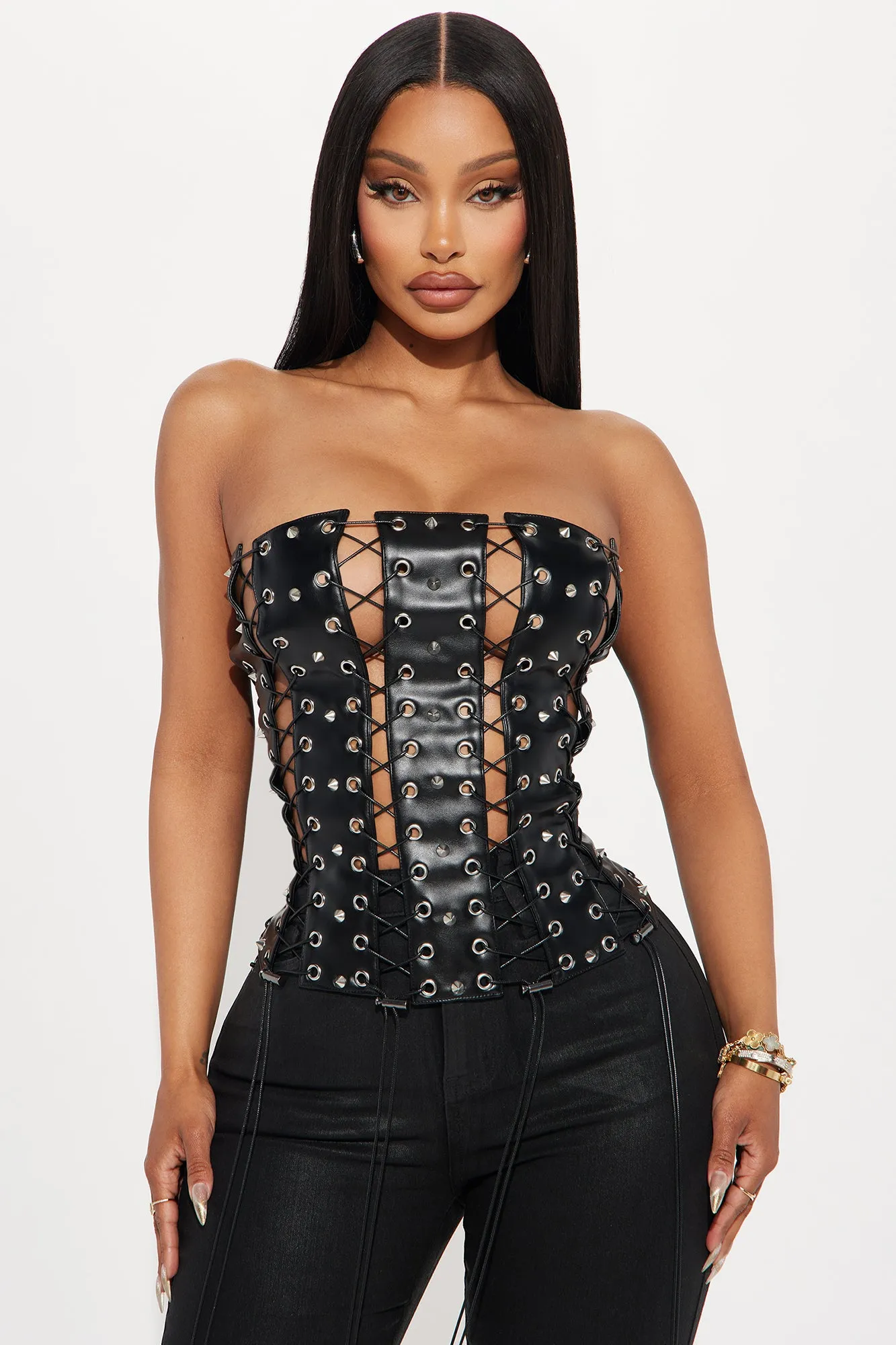 Dark Fantasy Faux Leather Corset Top - Black sold by Fashion Nova