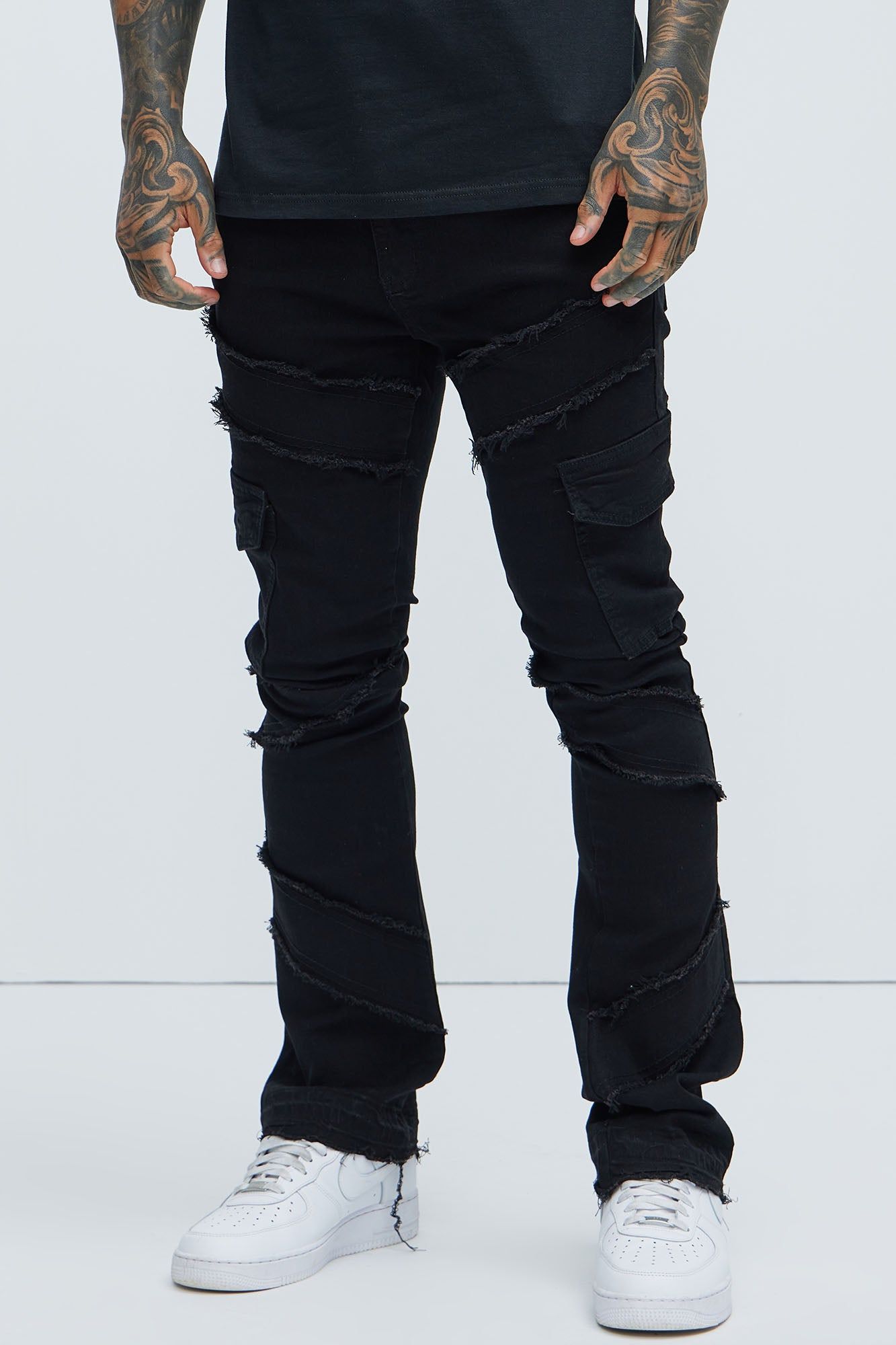 Simi Fray Cargo Stacked Skinny Flare Jeans - Black sold by Fashion Nova