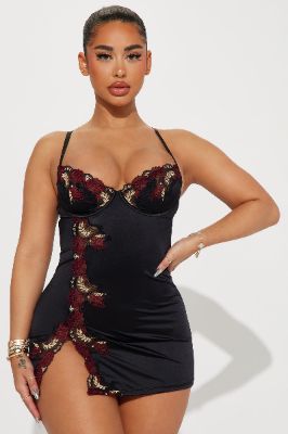 Adore You Embroidered Satin Babydoll - Black sold by Fashion Nova